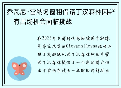 乔瓦尼·雷纳冬窗租借诺丁汉森林因鲜有出场机会面临挑战
